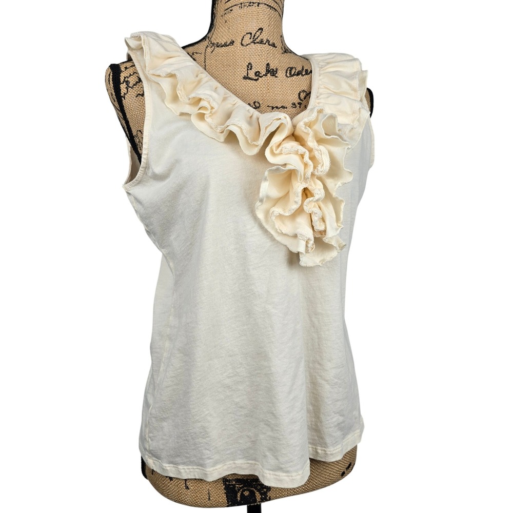 Lauren Ralph Lauren Cream Ruffle V-Neck Sleeveless Cotton Large LRL Lace Trim